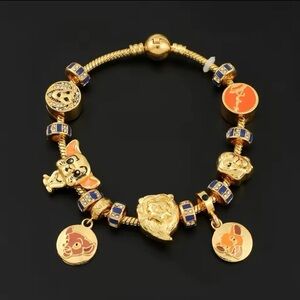 Gold Plated Disney Lion King Themed Enameled Loaded Charm Bracelet